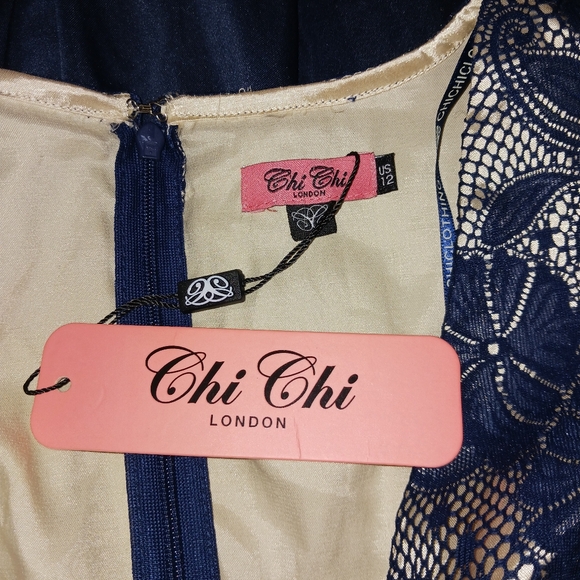 CHI CHI Navy Blue Lace Cap Sleeve Back Zip Pockets Dress Size 12 - Picture 12 of 16